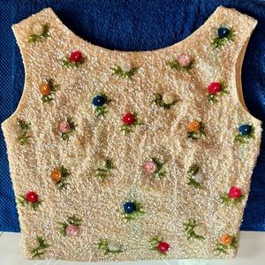 Vintage 1956-1960 wool zip back top Sequined flowers lined small